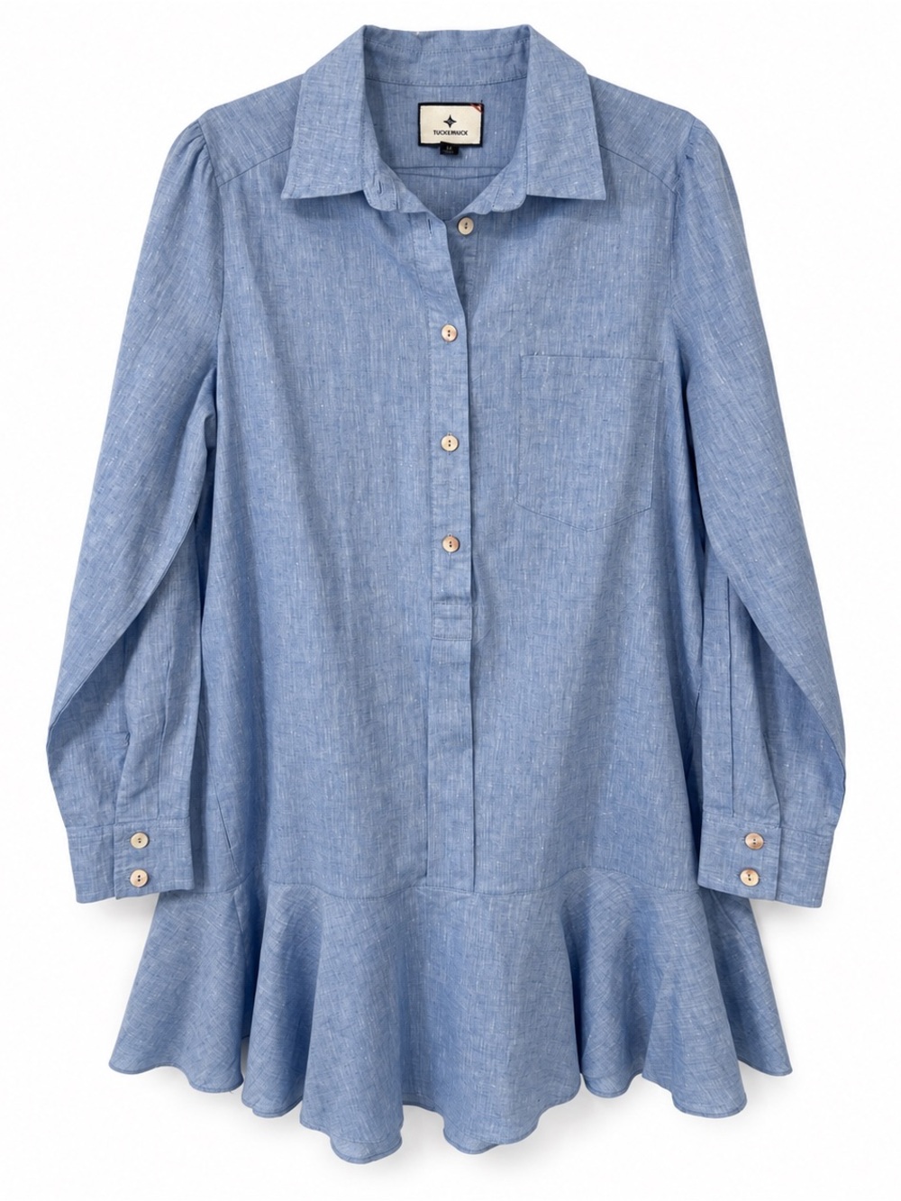 Tuckernuck Blue Chambray Cotton Linen Blend Ruffle Hem Shirt Dress M NWOT